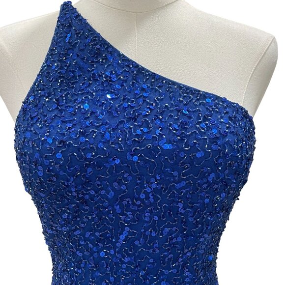 Mac Duggal Blue Fringe Sequin Dress Size 0 One Shoulder Party NYE Cocktail Glam - Picture 11 of 14